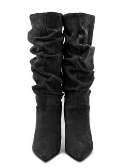 2025Women's Autumn and Winter New Pleated High-heeled Short Boots with Pointed Sleeves, Women's 35-47 Large Mid Length Boots