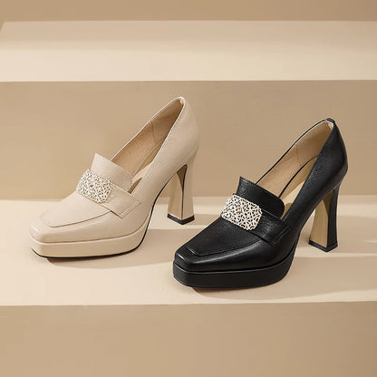【JOCHEBED HU】Brand Genuine Leather Platform Shoes for Ladies Square Toes Women's Sewing Lines High Heels Leather