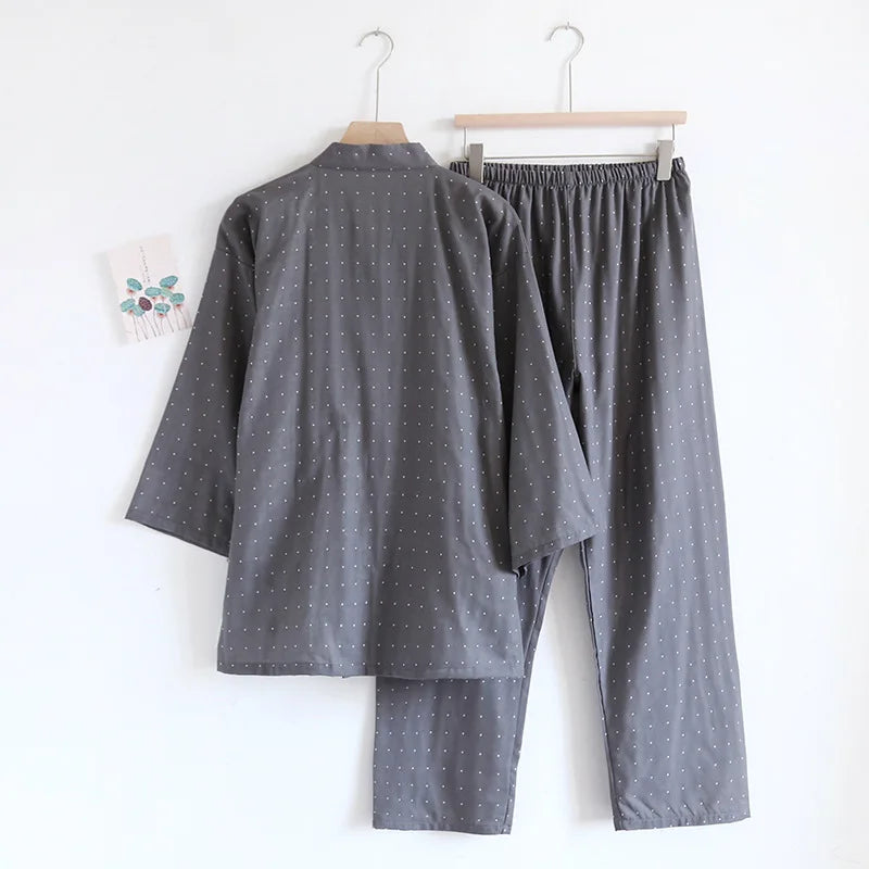 Kimono Robes Pajamas Set for Spring Autumn and Summer Thin Men's Cotton Loose Fit Large Size Half Sleeve Sleepwear Set