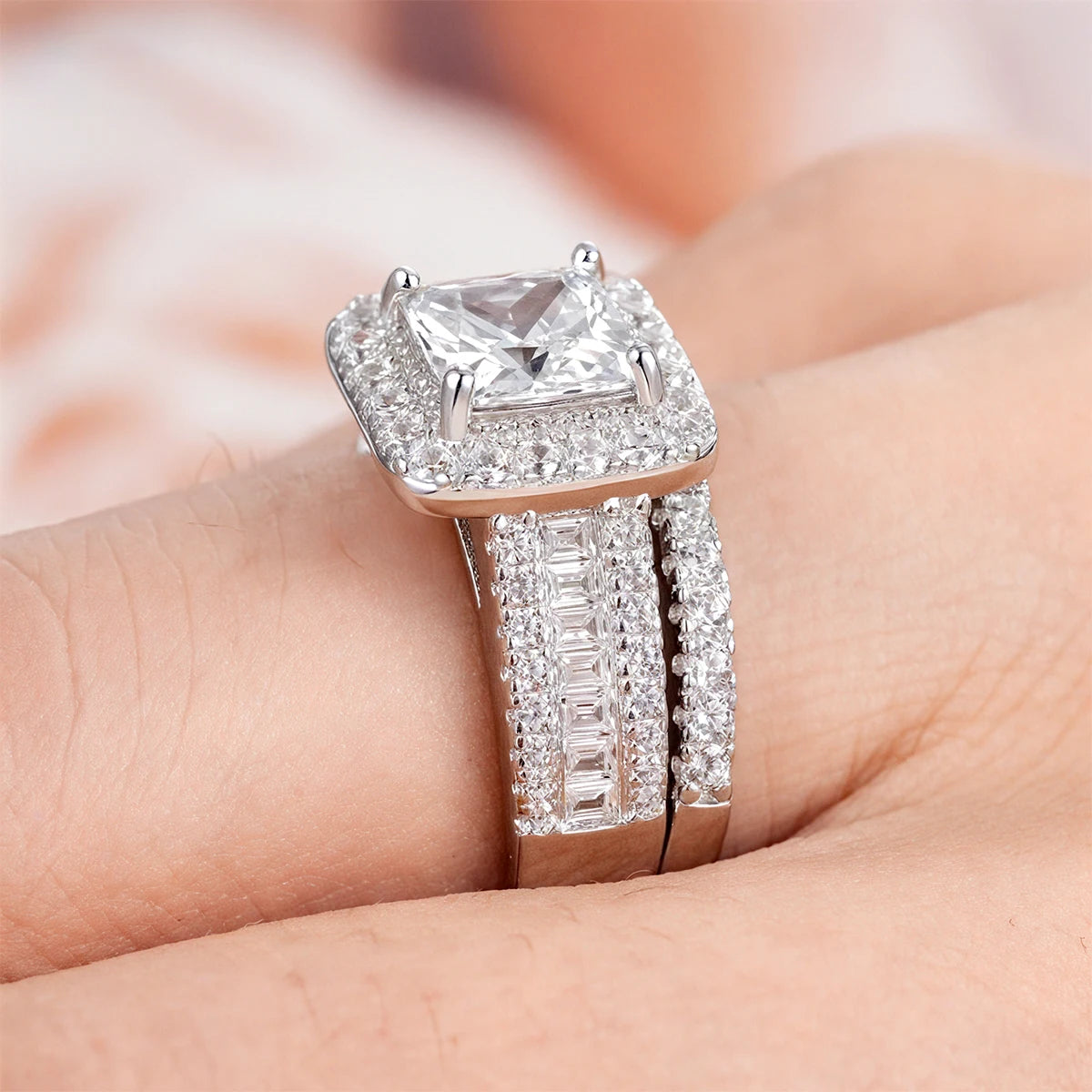 2Pcs 925 Silver Wedding Rings Set for Women Princess Cut White Moissanite Halo Engagement Bridal Ring Vintage Luxury Jewelry