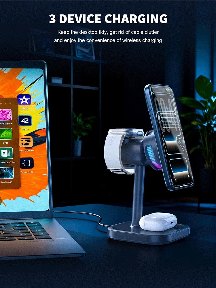 QI2 3 IN 1 Magnetic 25W Wireless Charger Stand LED Light Air Cooling Fast Charging For iPhone 17~12 Pro Max Airpods Apple Watch