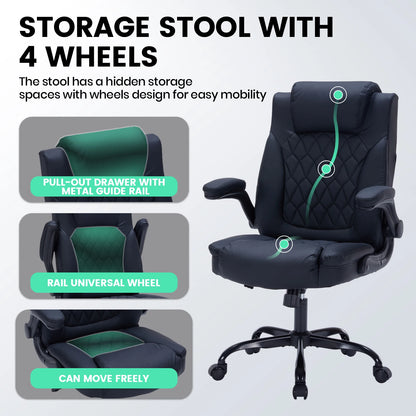 Heavy-Duty Leather Executive Office Chair Ergonomic Desk Chair with Lumbar Support, Flip-Up Arms, Tilt Lock & Swivel Wheels
