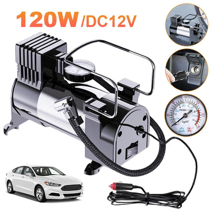 12V Car Tire Pump with Pressure Gauge Heavy Duty Tire Inflator Heavy Duty Deluxe Portable Metal Air Compressor Car Tyre Inflator