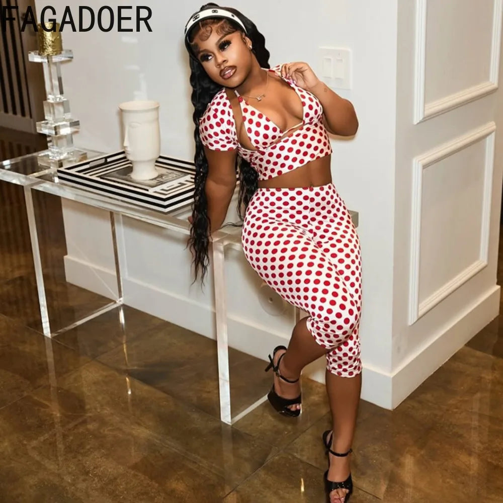 FAGADOER Sexy Woman 3 Piece Set Outfit Polka Dot Print Patchwork Short Sleeve Crop Top and Pants Matching Female Streetwear New