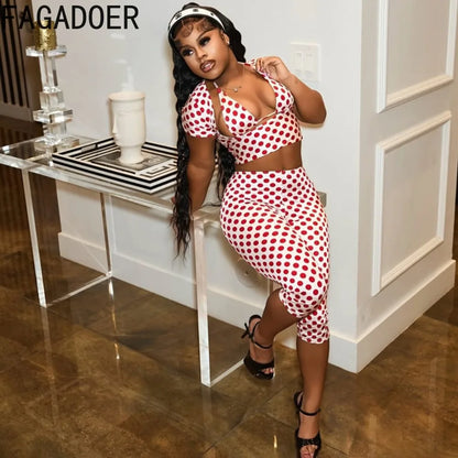 FAGADOER Sexy Woman 3 Piece Set Outfit Polka Dot Print Patchwork Short Sleeve Crop Top and Pants Matching Female Streetwear New