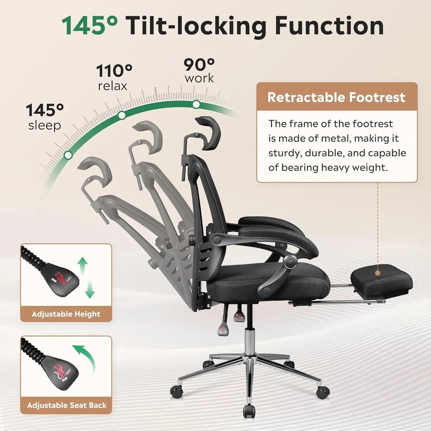 Ergonomic Mesh Office Desk Chair with Footrest, Comfrotable Big and Tall Reclining Computer Chair with Adjustable Lumbar