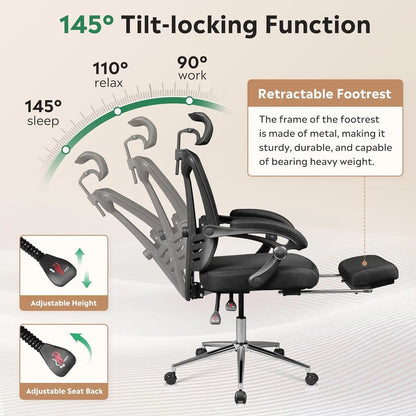 Ergonomic Mesh Office Desk Chair with Footrest, Comfrotable Big and Tall Reclining Computer Chair with Adjustable Lumbar