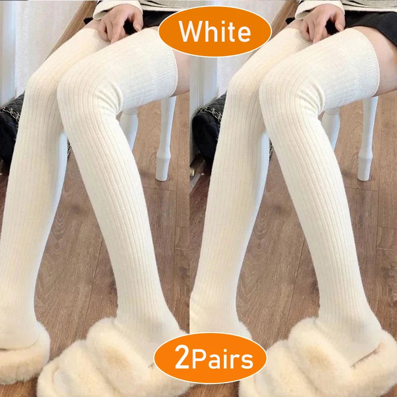 Long Socks Women Soft Wool Cashmere Socks Winter Solid Knitted Stocking Skinny Casual Knee High Fluffy Warm Thicken Girls Socks