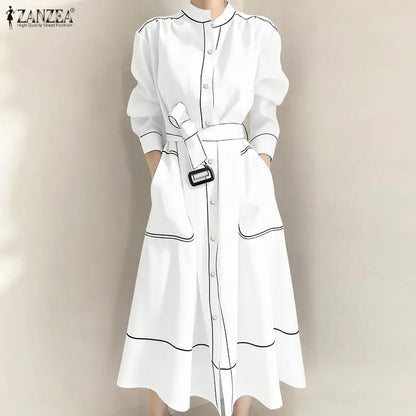 ZANZEA Fashion Long Shirt Dresses Women Elegant Streetwear Office Lady Midi Vestidos Belted Casual Autumn Long Sleeve Party Robe