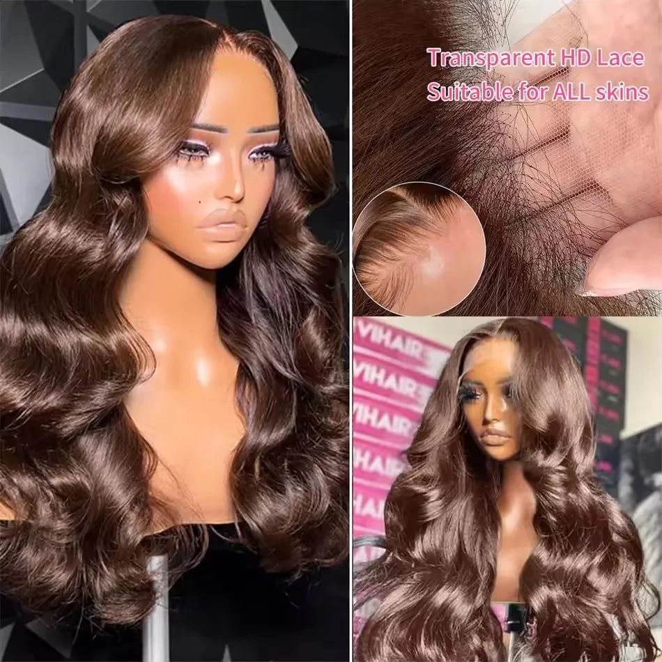 200Density HD Chocolate Brown 13x6 Body Wave Lace Front Wig Brazilian 13x4 Lace Frontal Wigs For Women 100% Remy Human Hair Wig