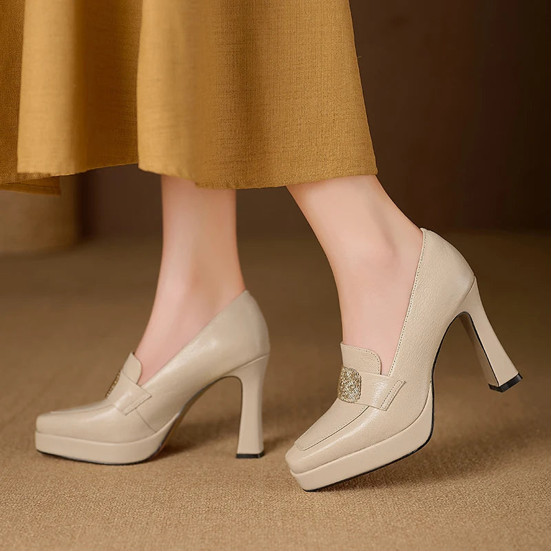 【JOCHEBED HU】Brand Genuine Leather Platform Shoes for Ladies Square Toes Women's Sewing Lines High Heels Leather