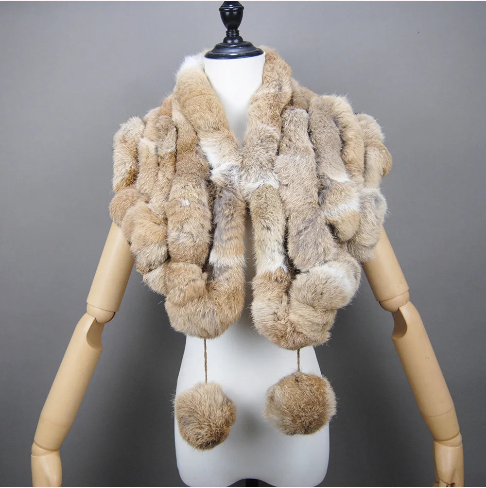 New Lady Winter Real Rabbit Fur Scarf Natural Warm Soft Rabbit Fur Shawl Women Fashion Outdoor Knit 100% Real Rabbit Fur Scarves