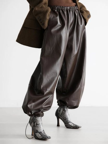 Autumn Women Pu Leather Elastic Waistband Lantern Pants Lady Casual Loose Shiny PU Trousers Trend Fashion Street Long Pants 2025