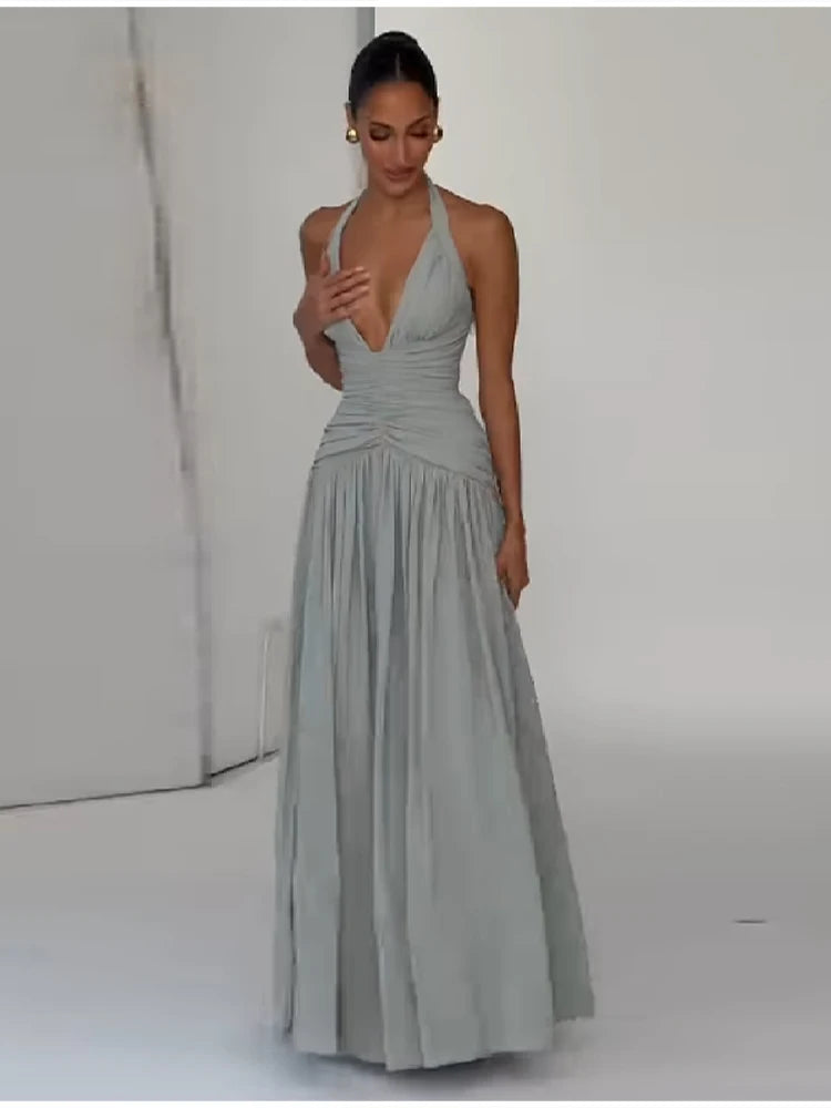 Elegant Halter Maxi Dress Women Deep V Neck Ruched Bust High Slit Bodycon Formal Evening Prom Cocktail Dress Multiple Colors