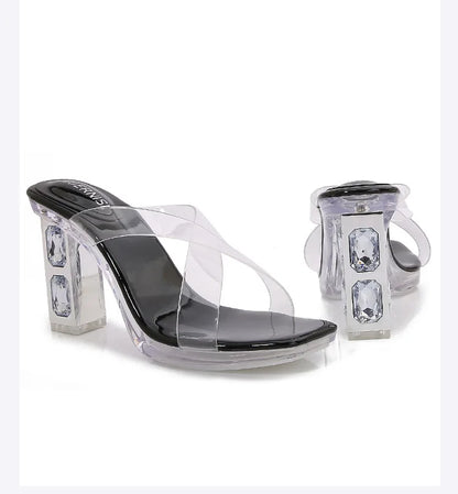 2025 Red High Heels 8cm Women Shoes Rhinestone Thick Heels Square Toe Ladies Pumps Cross Tie Straps Slippers Sandals Party Shoes