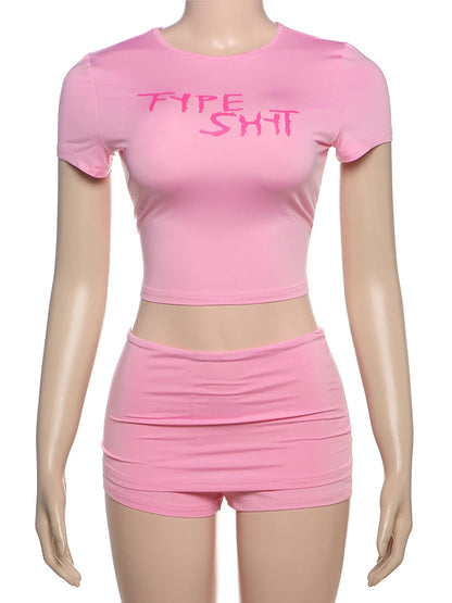 Weird Puss Casual Sporty 2 Piece Set Women Tracksuit Letter Print Short Sleeve Crop Tops+Ruched Shorts Daily Fashion Streetwear
