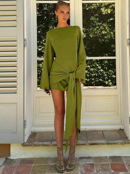 Dulzura 2025 Autumn Fashion Elegant O-Neck Long Sleeve Slim Fit Lace Up Mini Dress Ladies Solid Casual Clothes Party Club Outfit