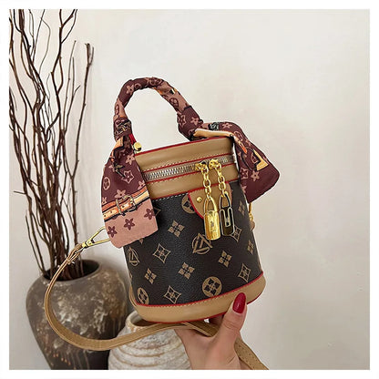 Stylish Printed Bucket Bag with Scarf Detachable Strap Shoulder Crossbody Bag for Women