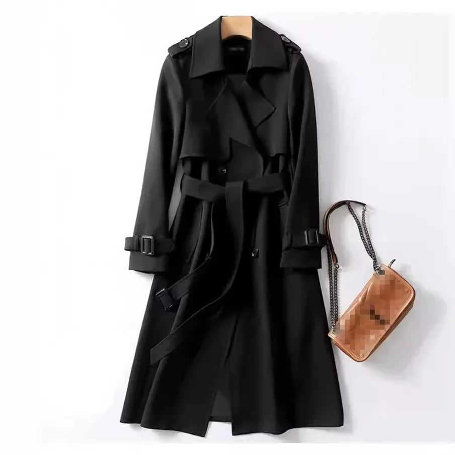 Long Trench Coat Women Lace Up Button Coats Full Sleeve Turn Down Collar Splice Jackets Solid Pockets Office Lady Streetwear