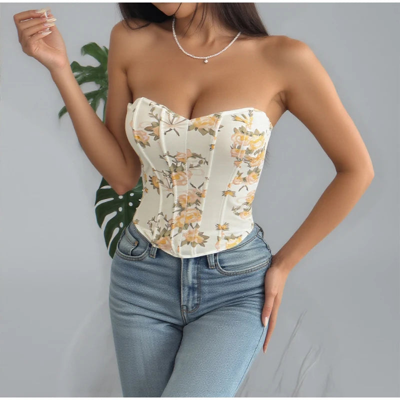 Yellow Flora Printed Corset Top Women Sexy Sleeveless Fishbone Bodycon Spaghetti Strap Lace Up Tops 2026 Lady Summer Party Vest