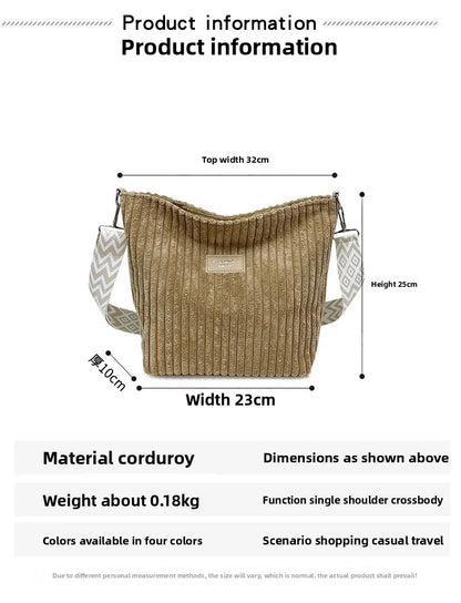 Solid Color Corduroy Messenger Bag Versatile Handbag Women Shoulder Crossbody Bags Casual Chic Bucket Women‘s Bag Bolsos Mujer