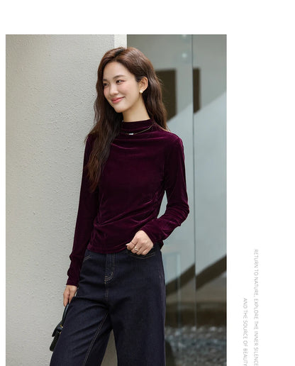 VIMLY Women's Red Velvet T-shirt Casual Knitted Slim Fit Tops Winter 2026 Vintage Mock Neck Folds Long Sleeve Ladies Tees A3305