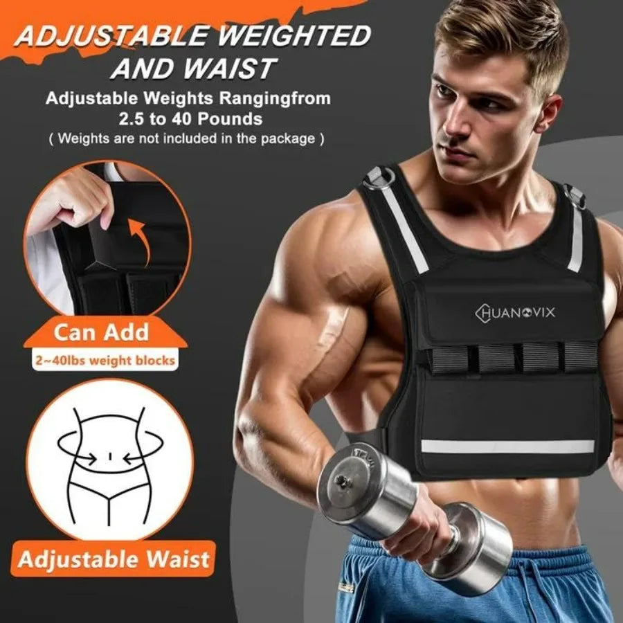 Weighted Vest, 0-40 LBS Adjustable Weight Vest With Reflective Stripe, No Weights Included, Ultra Thick Shoulder Padding Design