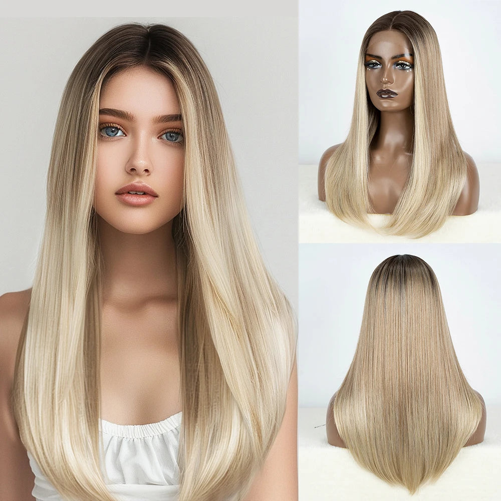 Synthetic Lace Front Wigs Long Bob Straight Wig Brown Blonde Black Color 22" Hair For Women Lace Wig Heat Resistant Cosplay Wigs