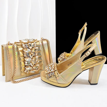 Purple Elegant Women Open Toe Heels Shoes and Bag Set Decoration Rhinestones Italians Women High Heels Shoes With Match Handbags