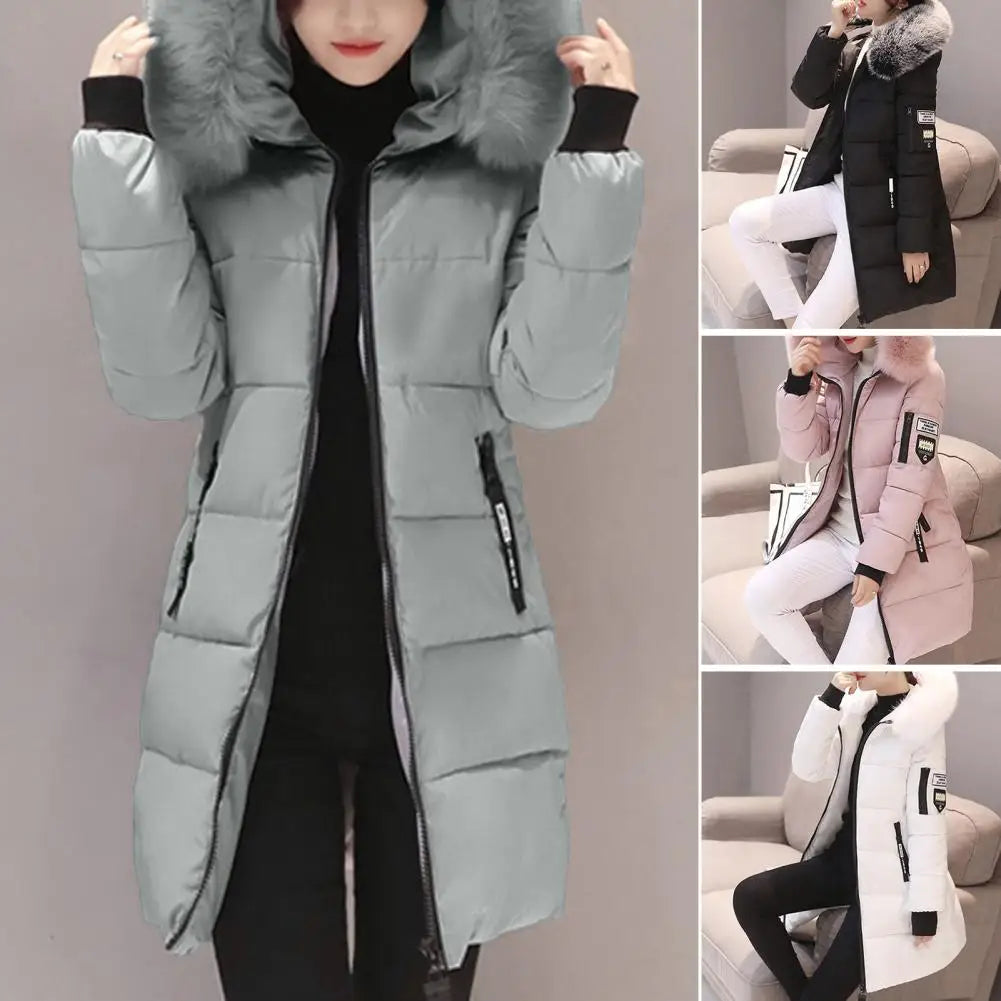 2025 Women Winter Cotton Coat Thickened Padded Stuffed Hooded Mid Length Warm Winter Coat Solid Color Slim Fit Lady Down Coat