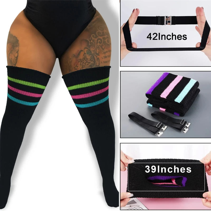 Women's Striped Plus Size Thick Thigh-High Socks Collection Big Girls Acrylic Yarn Stretch Colorful Streaks Leg Warmer Socks