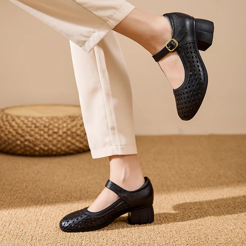 AIYUQI Women Hollow Mary Jane Shoes Genuine Leather Women Sandals Summer Comfortable Middle Aged Mother Shoes