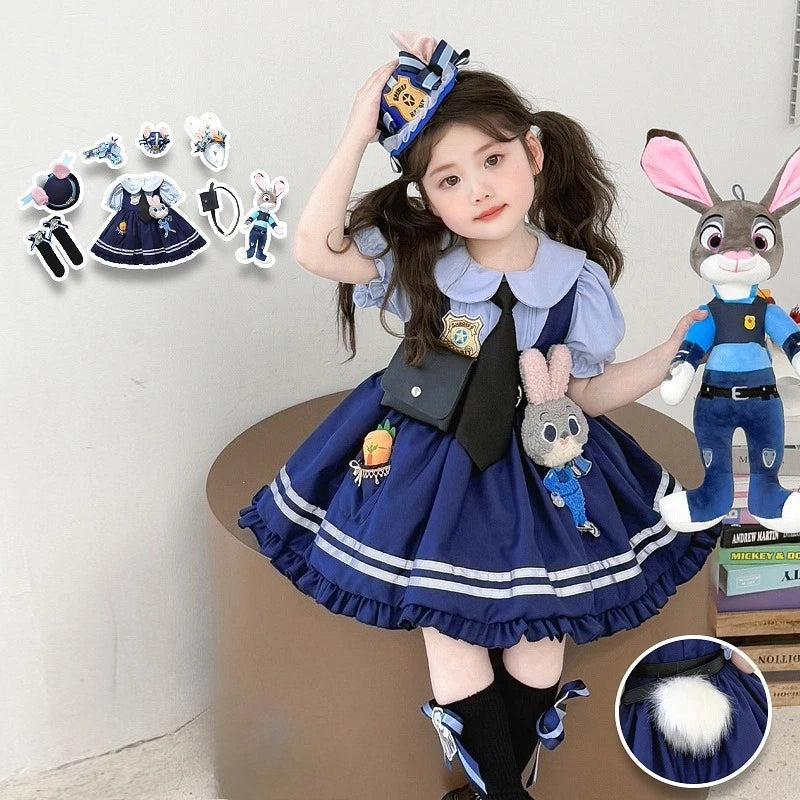 Girl Cosplay Judy Hopps Police Officer Dress Ear Sheriff Hat Bunny Costume Kids Dress Up Halloween Rabbit Disguise Dress Outfits