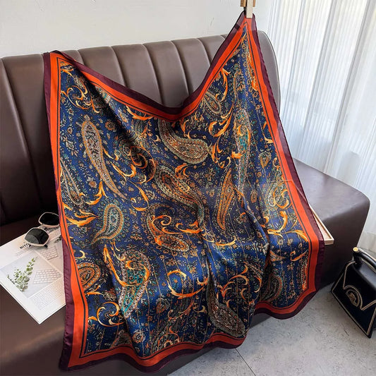 New 90cm Square Scarf Retro Cashew Floral Print Silk Scarfs Women Foulard Headscarf Summer Shawl Hijab Bandana Neck Head Scarf