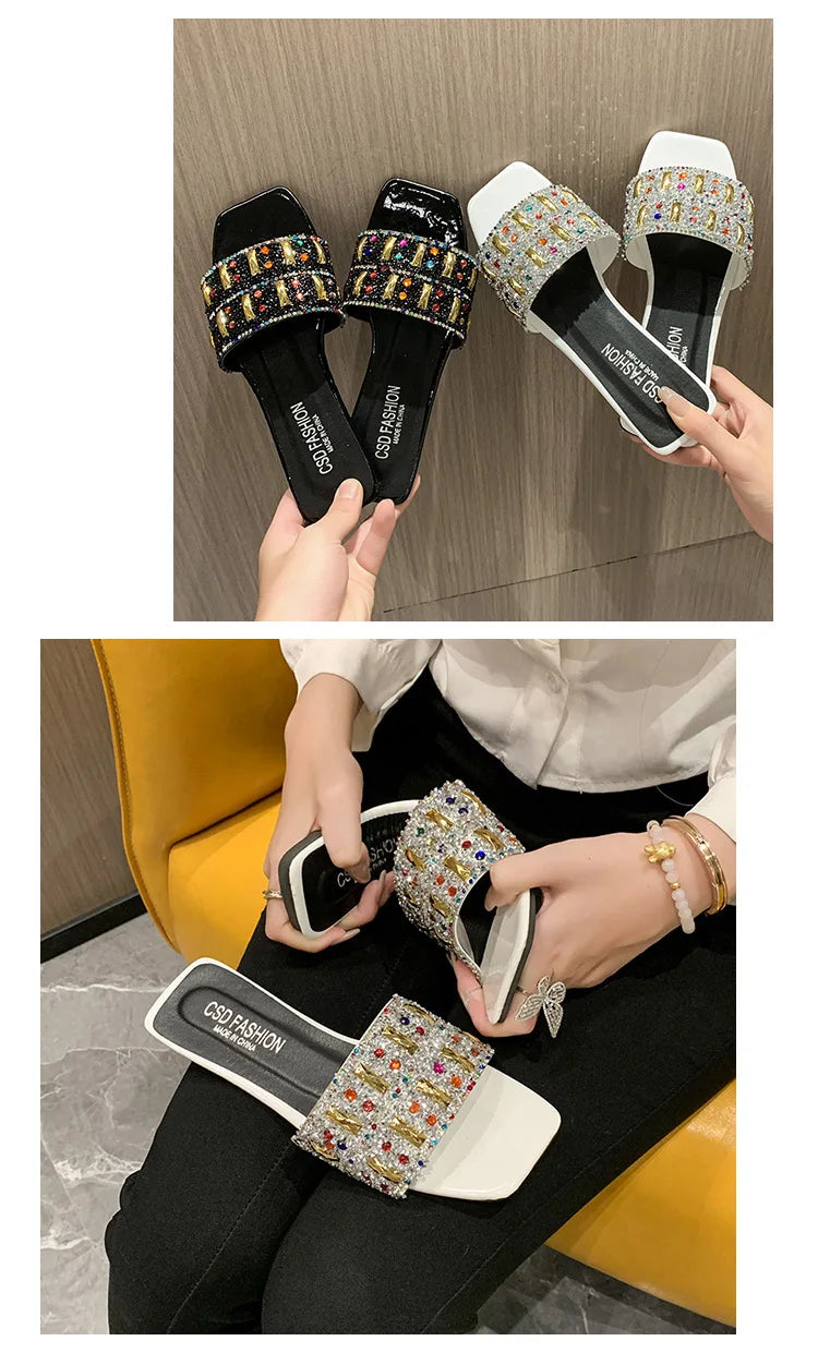 Slippers for Women Shiny Rhinestone Sandals Women Outdoor Beach Casual Shoes Sexy Fashion Big Size Flat Shoes Sandalias De Mujer