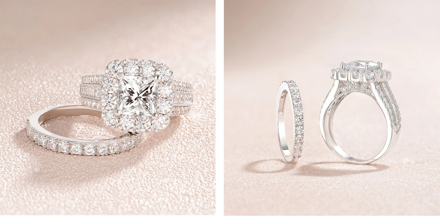 Newshe 2Pcs 925 Silver Wedding Rings Set for Women Halo Princess Cut White Cubic Zircon Vintage Luxury Jewelry Engagement Ring