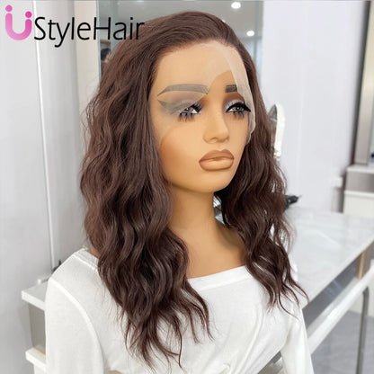UStyleHair Brown Lace Front Wig Natural Looking 12Inches Short Wave Wig Heat Resistant Synthetic Hair Daily Use Cosplay Wig