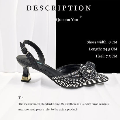 QueenaYan 2026 Elegant Silver Pointed-Toe High Heels Shoes with Diamond Accents & Matching Bag - Ideal for Party Elegance