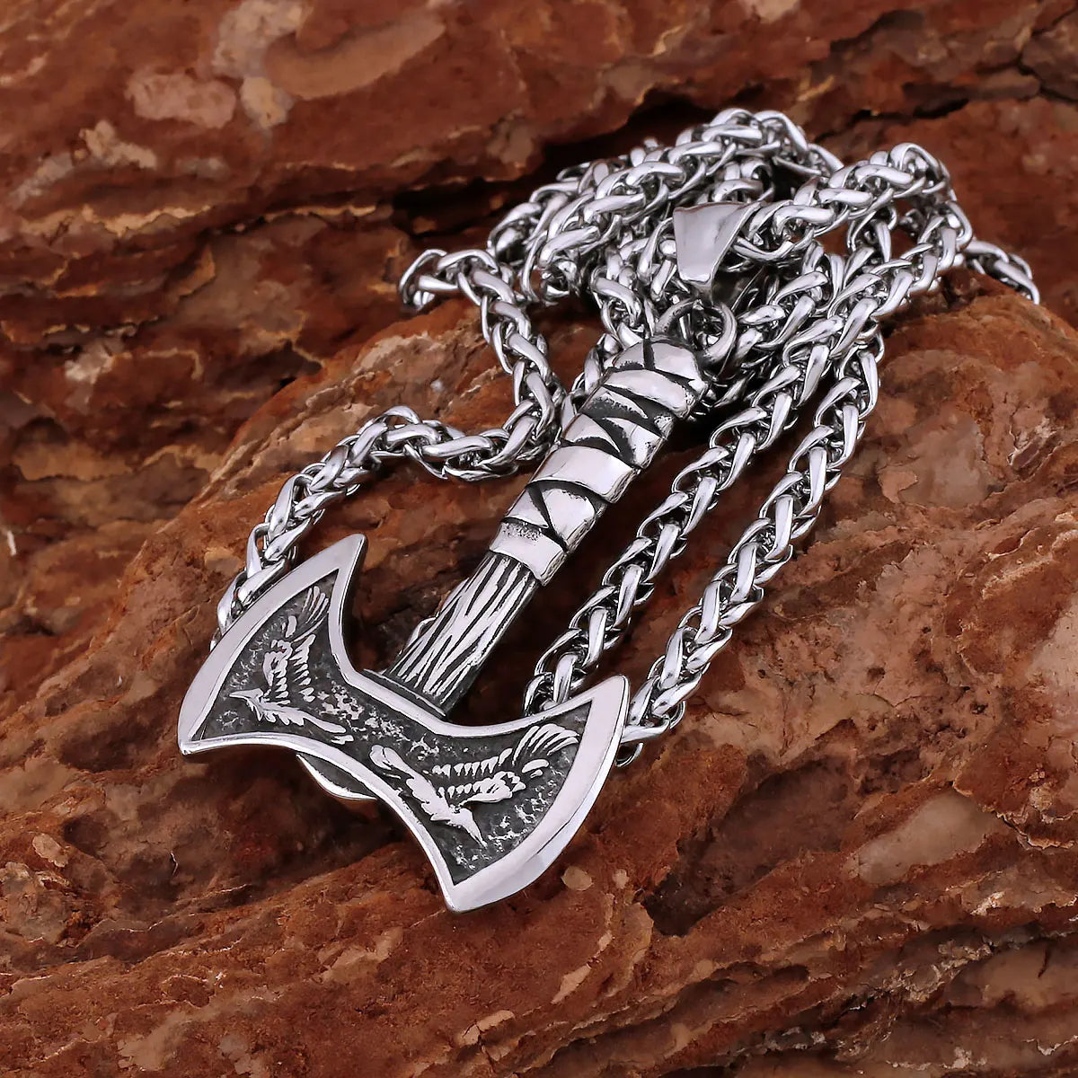 Stainless Steel Vikings Axe Necklace Mixed Gold Color Odin Raven Pendant Men's Personality Rune Amulet Gift for Boyfriend