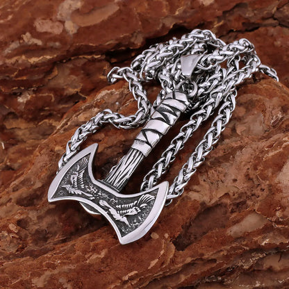 Stainless Steel Vikings Axe Necklace Mixed Gold Color Odin Raven Pendant Men's Personality Rune Amulet Gift for Boyfriend