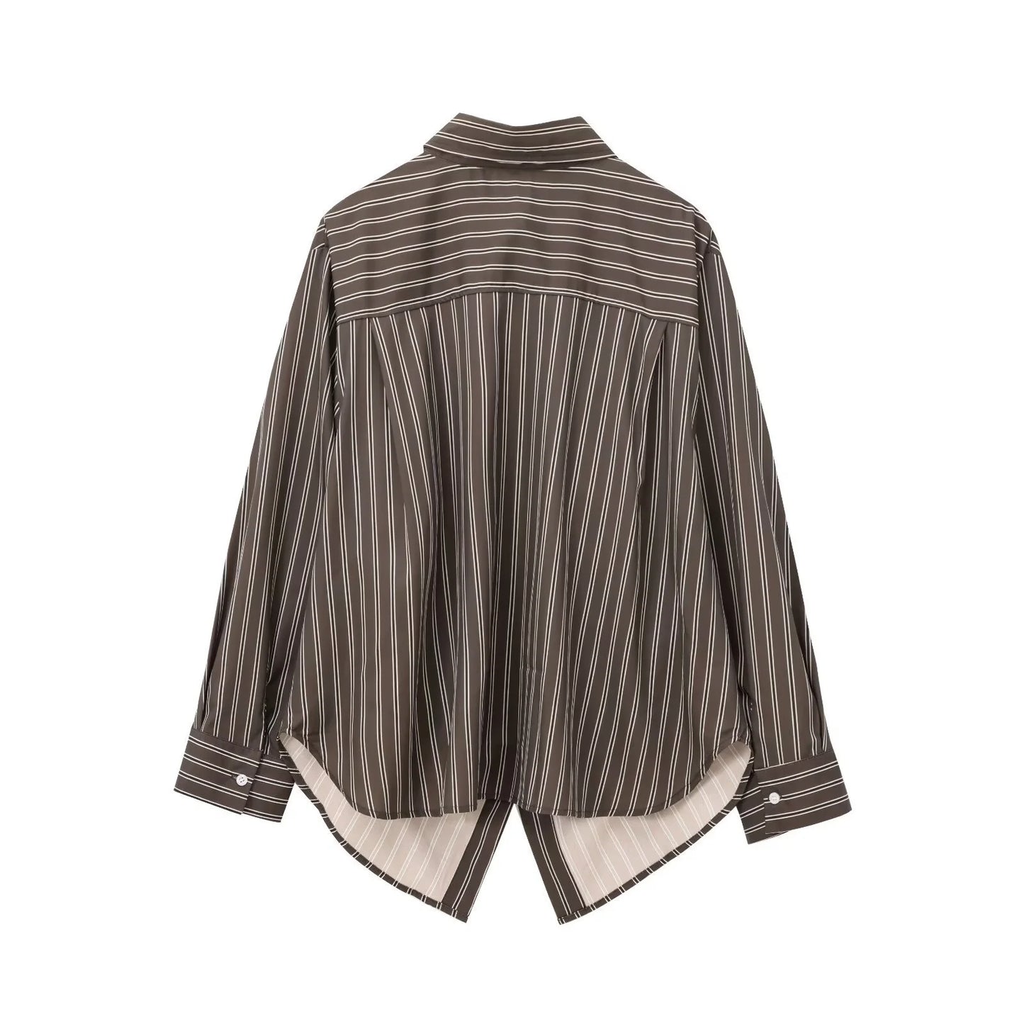EDSA Women Brown Batwing Stripe Shirt Long Sleeves with Cuffs Patch Pockets Button-up Front for Office Lady Blouse