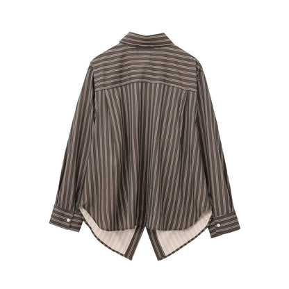 EDSA Women Brown Batwing Stripe Shirt Long Sleeves with Cuffs Patch Pockets Button-up Front for Office Lady Blouse