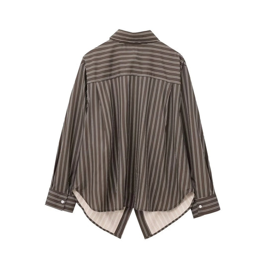 EDSA Women Brown Batwing Stripe Shirt Long Sleeves with Cuffs Patch Pockets Button-up Front for Office Lady Blouse