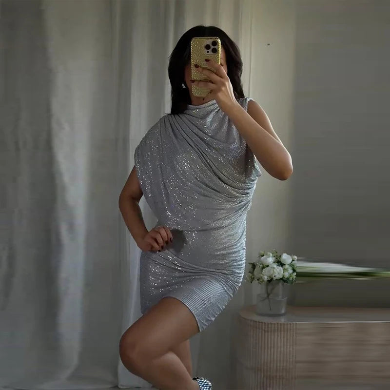 Chic Sequin V-neck Dress Women Sexy Sleeveless Pleated Waist-cinched Empire Dresses Elegant Party Spring New Lady Gown 2026
