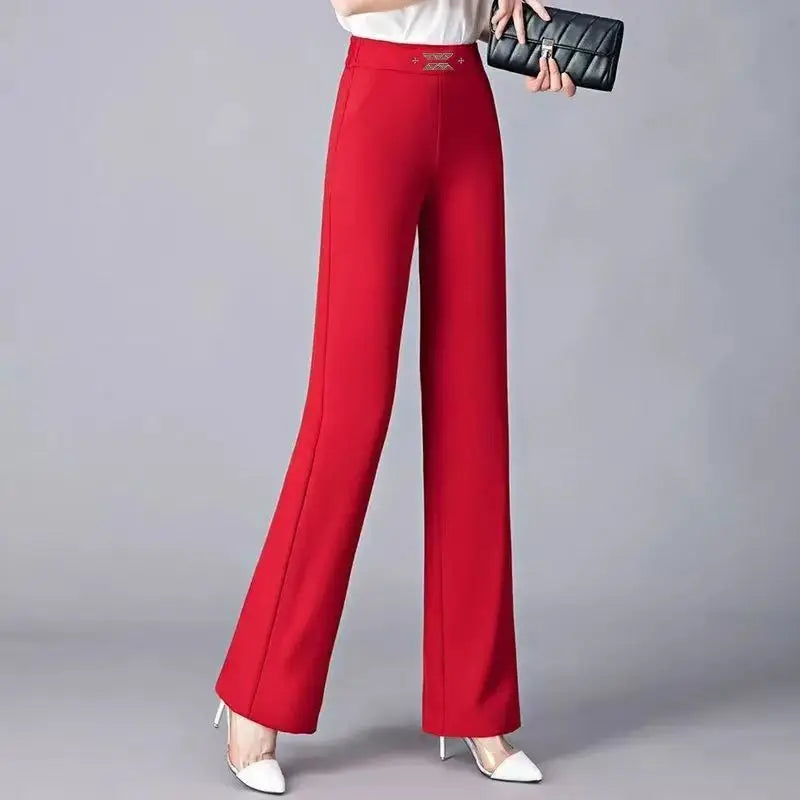 Women's Red High Waist Flare Pants With Metal le Detail Casual Long Trousers