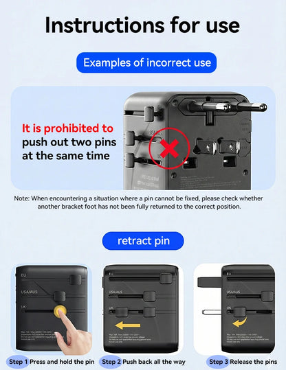 ORICO Universal Travel Adapter Worldwide All-in-One 20W GaN with AC Outlet USB A Type C Dual 10A Fuses Fast Charging EU US UK AU
