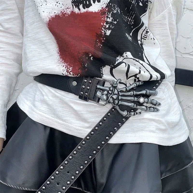 Women's Punk Skull Belt Harajuku Gothic Y2K Rivets Skeleton Hand Decoration Belt Men Girls Leather Belt Halloween Accessories