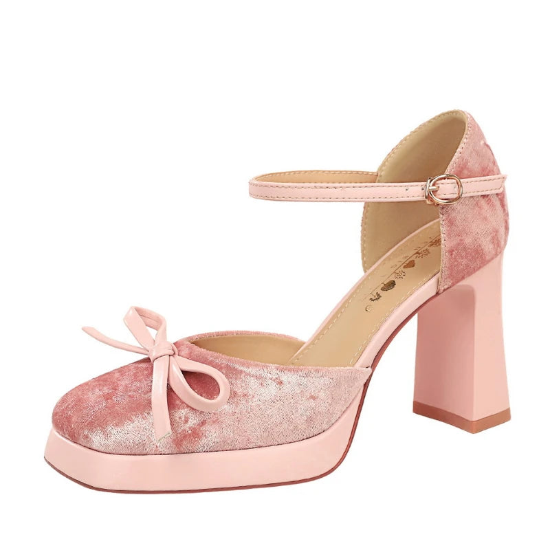 Velvet Platform Ankle Strap High Heels With Bow Block Heel Party Prom Evening Formal Comfortable Thick Heel Closed Toe Sandals