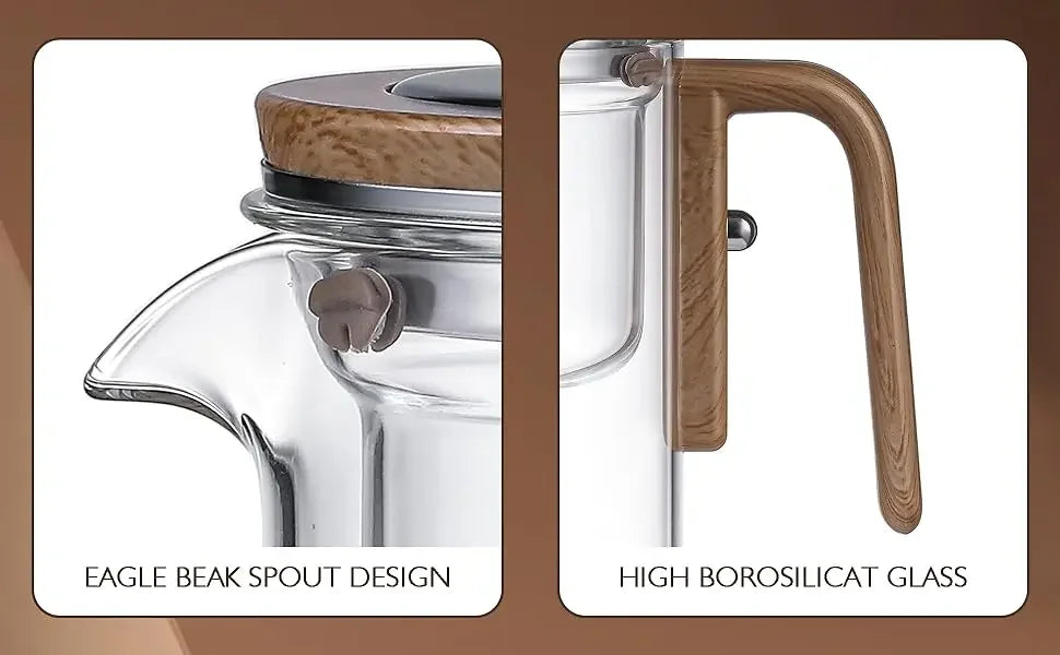 600ML Enchanti Tea Pot Glass Kettle Teapot with Wooden Handle One Click Switch Tea Filtration  Teapots Puer Tea Cup Set
