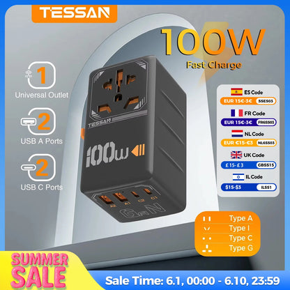 TESSAN 100W GaN Universal Travel Adapter with USB &Type C Fast Charging International Plug Adapter EU/UK/USA/AUS Plug for Travel